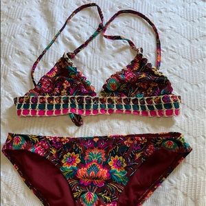 maroon bikini with colorful flowers